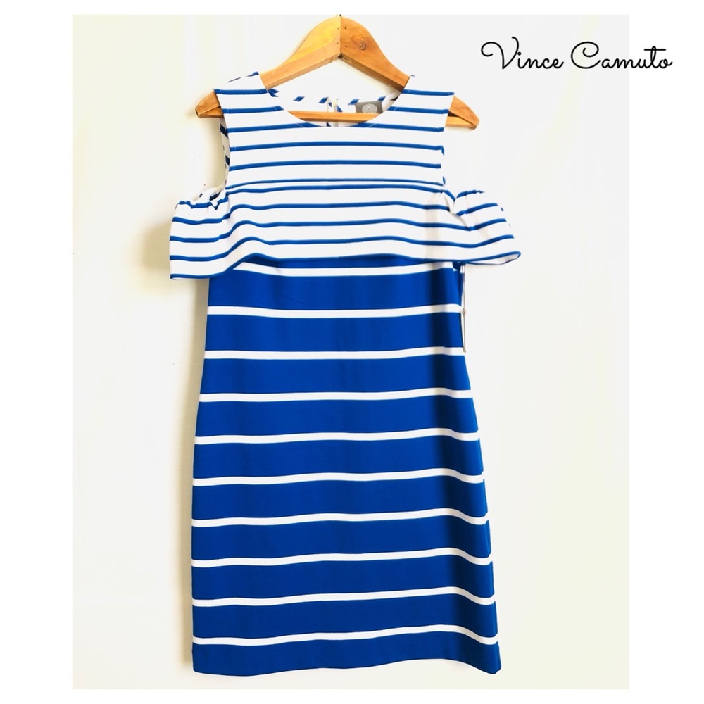 {Vince Camuto} Blue Striped Cold Shoulder Knit Casual/Work/Office Dress